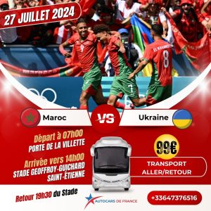 Transport aller-retour en autocars de Paris au Stade Geoffroy-Guichard à Saint-Étienne pour le match Ukraine vs Maroc le 27 juillet 2024 aux Jeux Olympiques de Paris 2024.