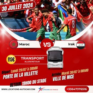 Transport de Paris au Stade de Nice pour le match Iraq vs Maroc Le 30 juillet 2024 aux Jeux Olympiques de Paris 2024