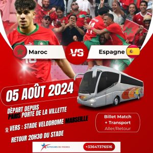 Billets avec transport de Paris au Stade Velodrome à Marseille pour le match Maroc vs Espagne Le 05/08/2024 aux Jeux Olympiques de Paris 2024