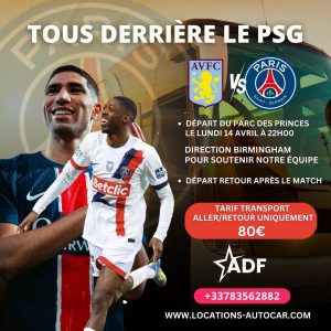 Transport aller/retour – Match Aston Villa vs PSG – Départ Paris